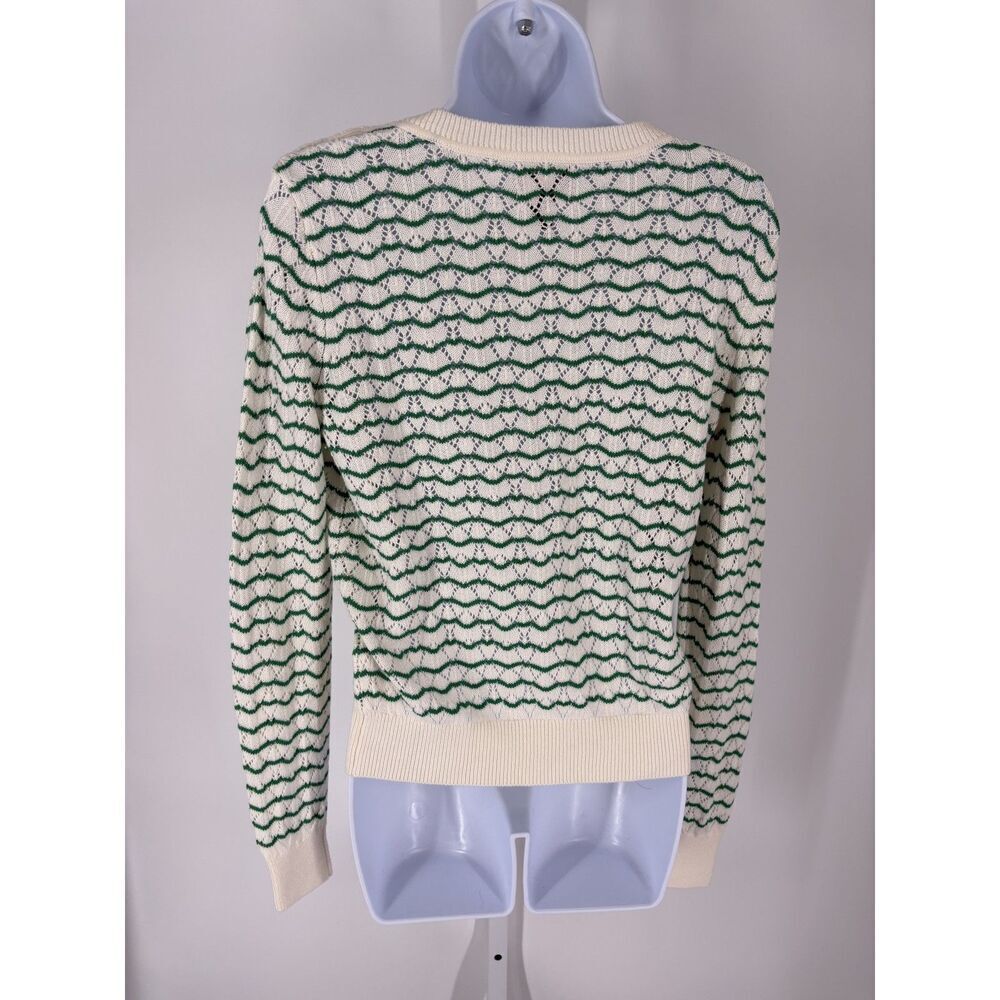Lands’ End Cream & Green Striped Knit Sweater | Button Shoulder Crewneck - Picture 3 of 5